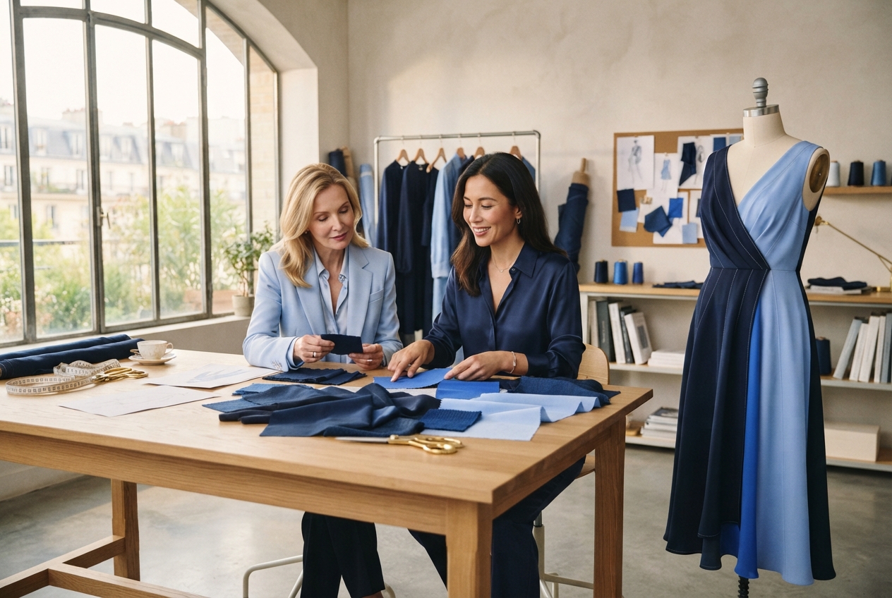 Two fashion designers examine blue fabric swatches beside a mannequin wearing a navy and light blue dress.