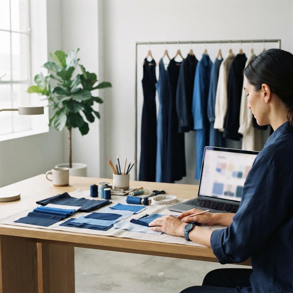 Designer arranges blue fabric swatches at a worktable beside a laptop and clothing rack.