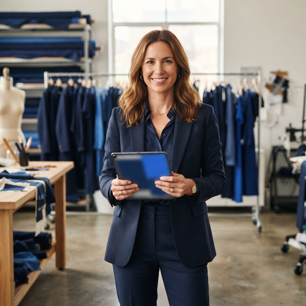 Smiling woman in a navy suit holds a tablet in a bright clothing studio.