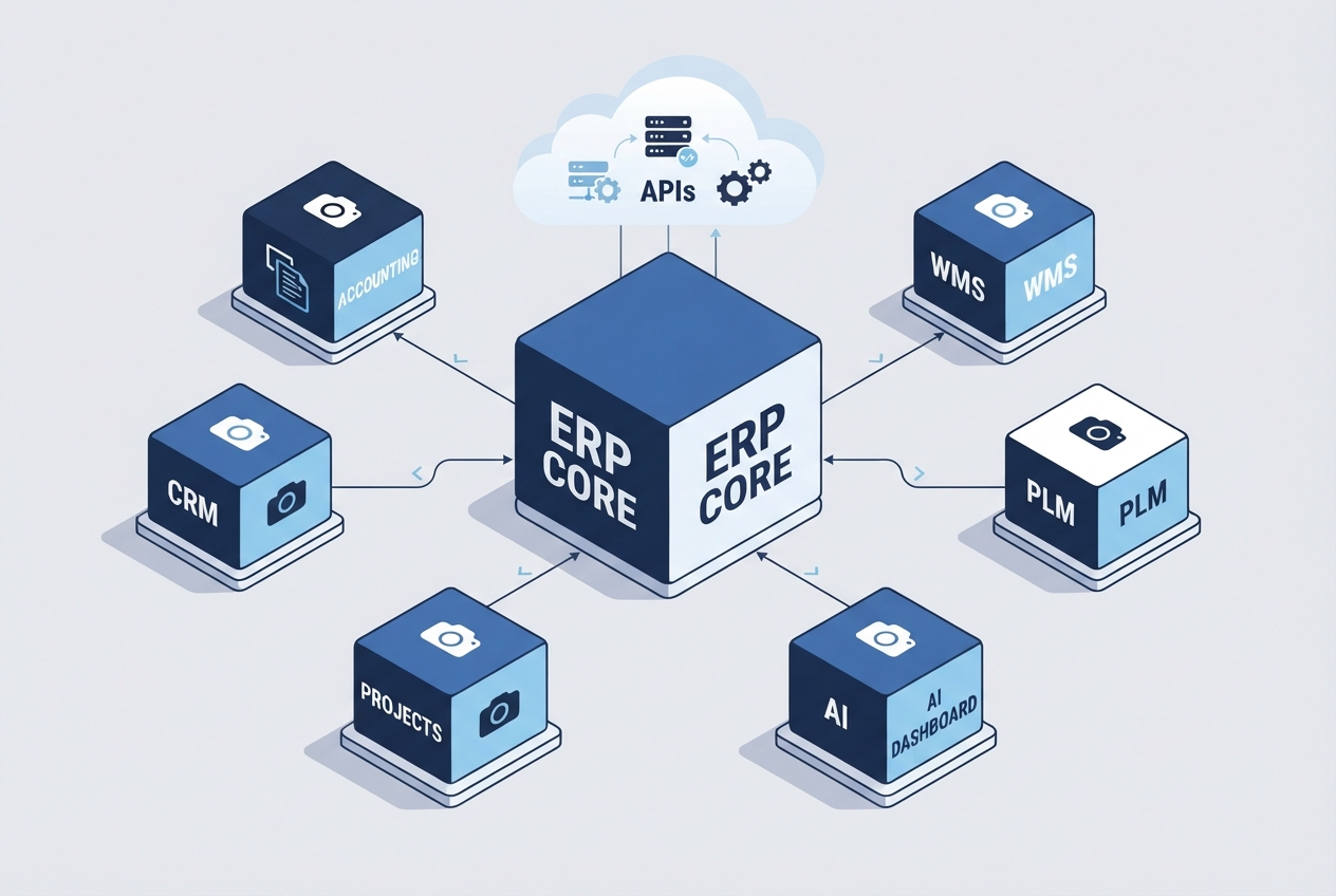 Isometric diagram showing an ERP CORE hub connected to APIs, Accounting, WMS, CRM, PLM, Projects, and AI Dashboard.
